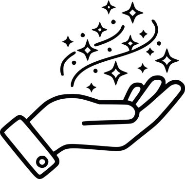 Sihirli parıltıları tutan yaratıcı el. Elle çizilmiş siyah mürekkep vektörü. Bakım, ilham ve enerji kavramı. Beyaz dolgu yok, sadece siyah şekiller. simge gösterimi