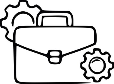 Mekanik vitesli yaratıcı evrak çantası ikonu. Elle çizilmiş siyah mürekkep vektörü. Endüstriyel iş süreci ve yönetim kavramı. Beyaz dolgu yok, sadece siyah şekiller.