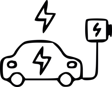 Yaratıcı elektrikli araç şarj noktasına bağlandı. Elle çizilmiş siyah mürekkep vektörü. Çevre dostu enerji ve hareketlilik kavramı. Beyaz dolgu yok, sadece siyah şekiller.