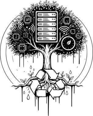 Geri dönüşüm kökleriyle sürdürülebilir dijital altyapının teknik çizimi. Yeşil bilişim ve ESG konsepti. Katı siyah dolgu tasarımı; resim beyaz dolguları içermiyor
