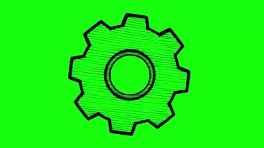 Siyah mürekkeple dönen vites sembolünün animasyon çizimi. Kolay video düzenleme için yeşil ekran krom anahtar arka planında yumurtadan çıkan elle çizilmiş teknik öge