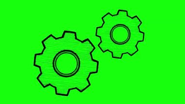 Elle çizilmiş dişlilerin profesyonel hareket grafikleri. Yeşil ekran krom anahtar arka planında kuluçka gölgesi olan koyu siyah çizgi sanatı. İş ve teknik beyaz tahta animasyonları için mükemmel döngü
