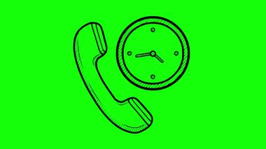 Hand drawn style animation of a telephone receiver and clock. Concept for 24/7 support, call duration, or appointment scheduling. Black fill sketch on chroma key green background