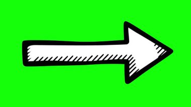 Minimalist el çizimi ok yeşil ekran kroma tuşunda sağ animasyonu gösteriyor. Siyah ve beyaz çizim stili gölgeli işaretçi. Kaplama için 2d canlandırılmış navigasyon ögesi