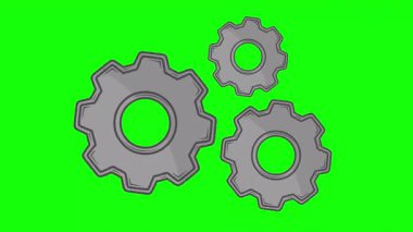 Üç gri dişlinin birlikte döndüğü video 2d animasyonu, yeşil krom anahtar arka plan ekranı. İş süreci, endüstri, takım çalışması ve teknik kavramlar için ideal