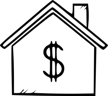 İçinde dolar sembolü olan bir evin minimalist el çizimi vektörü. Siyah dolgu tasarımı ev kredisini, gayrimenkul değerini ve finansal ev yatırımını temsil ediyor. beyaz dolgu yok