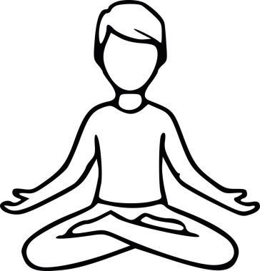 Lotus pozisyonunda meditasyon yapan birinin minimalist el çizimi vektörü. Siyah dolgu tasarımı zen, denge ve akıl sağlığını temsil ediyor. beyaz dolgu yok