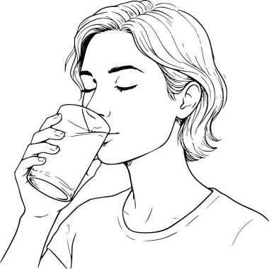 Su içen bir kadının el çizimi vektörü. Sağlık ve refah temaları için siyah dolgulu zarif bir eskiz. Şeffaf olarak izole edildi, beyaz dosya yok