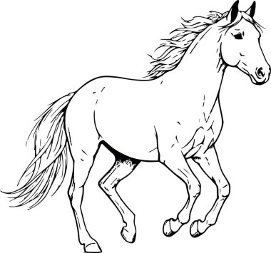 Dörtnala giden at vektörünün elleri siyah dolgulu. Logo tasarımı, doğa temaları ve sanatsal projeler için zarif bir at silueti. beyaz dolgu yok