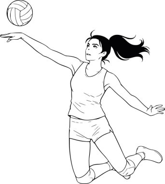 Profesyonel bir siyahi kadın voleybol oyuncusunun topa atlamak için atlama skecini çiziyor. Beyaz dolgular olmadan minimalist spor vektörü illüstrasyonu