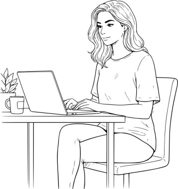 Dizüstü bilgisayarda yazan bir kadının minimalist vektörü. Siyah doldurma biçimi beyaz doldurma ya da vuruşlar olmadan. ev ofisi ve serbest çizim biçimi konsepti