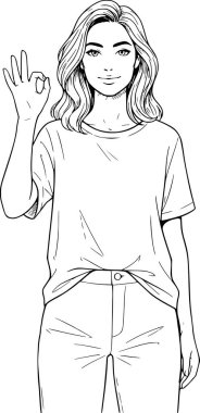 Kadın karakter vektör illüstrasyonu, siyah dolguları olan el yazısı ve minimalist bir çizim için beyaz arkaplan içermeyen bir taslak çiziyor.