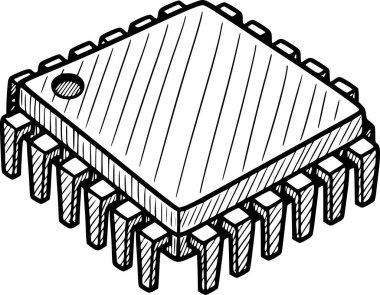İzometrik mikroçip donanım konsepti simgesi. El çizimi eskiz stili, siyah dolgu, beyaz dolgu yok. Teknoloji, işlemci ve yapay zeka temaları için izole edilmiş illüstrasyon