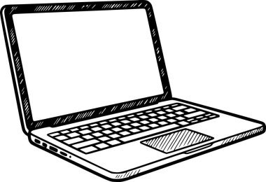 El çizimi dizüstü bilgisayar vektörü şeffaf arkaplanda izole edildi. Siyah dolgu stili, beyaz dolgu ya da vuruş yok. İş, ofis, eğitim ve dijital iş için teknoloji sembolü