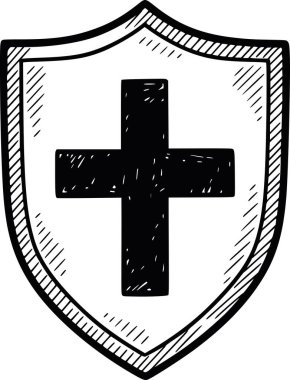 Haç veya artı sembollü el çizimi kalkan vektörü. Siyah dolgu stili, beyaz dolgu ya da vuruş yok. Tıbbi, güvenlik ve koruma tasarımı için izole bir unsur