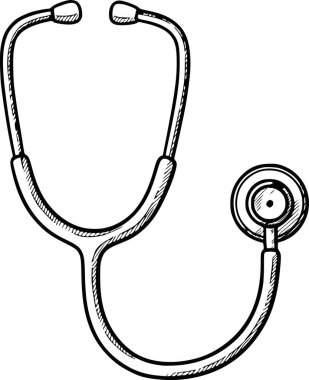 El yapımı steteskop çizimi. Siyah dolgu şekilli, vuruşsuz ya da beyaz dolgulu. Tıbbi teşhis ve sağlık hizmeti konsepti. Profesyonel tasarım için vektör çizimi varlığı