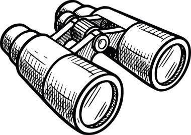 Minimalist elle çizilmiş siyah dolgulu dürbün vektör simgesi. Seyahat ve iş için keşif ve vizyon taslağı. Beyaz dolgu ya da arkaplan içermiyor