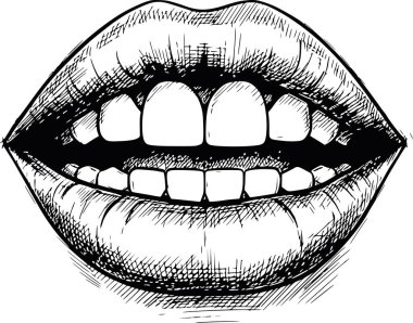 Zarif el, insan ağzı ve siyah dolgulu diş vektör ikonu. Diş ve güzellik için gülümse anatomi skeci. Beyaz dolgu ya da arkaplan içermiyor