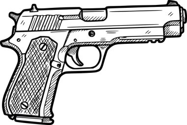 Bir tabancanın el çizimi çizimi. Beyaz dolgu ya da renk yok, siyah dolgu vektör çizimi yok, savunma, silah ve güvenlik teçhizatı sembolü