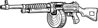 Davul şarjörlü bir makineli tüfeğin el çizimi. Beyaz dolgu ya da renk yok, siyah dolgu vektör çizimi yok, askeri, silah ve savunma tarihi sembolü