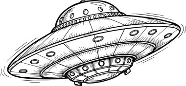 El çizimi UFO uzay aracı çizimi, siyah dolgu çizgisi çizimi. profesyonel grafik kolay kullanım için beyaz arkaplan veya dolguları içermez