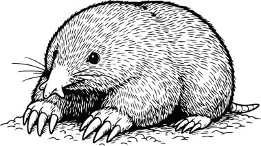 Beyaz arkaplanı ya da zooloji ve doğa tasarımları için doldurması olmayan siyah dolgu biçiminde el çizimi köstebek hayvan çizimi