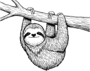 Bir dala asılı tembel bir miskinin klasik eskizi. Siyah mürekkeple çizilmiş bir resim. Beyaz dolgu ya da beyaz renk içermiyor