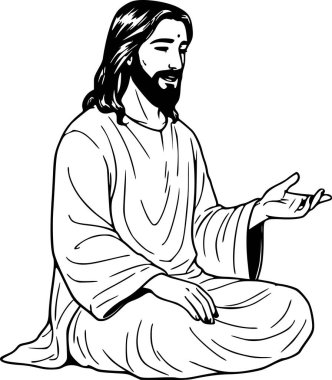 İsa Mesih 'in robot resim çizerek konuşmasının detaylı dini çizimi. Profesyonel yazdırma ve kolay katman için beyaz arkaplan ya da dolgu içermeyen siyah dolgu tasarımı