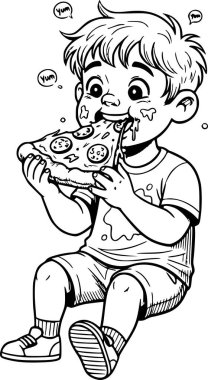 Pizza yiyen aç bir çocuğun elle çizilmiş vektörü. Beyaz dolgu ya da arkaplan rengi olmayan minimalist siyah doldurma grafiği
