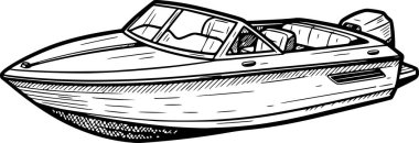 motorlu ve koltuklu ayrıntılı sürat teknesi çizimi, beyaz arka plan veya dolgu olmadan siyah dolgu, yaz tatili ve hızlı su taşımacılığı için el çizimi denizcilik sembolü