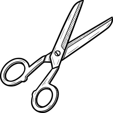 Keskin bıçakları ve parmak döngüleri olan detaylı makas çizimi, beyaz arkaplan ve dolgu olmadan siyah dolgu çizimi, dikiş ve berber hizmetleri için el yapımı el işi sembolü