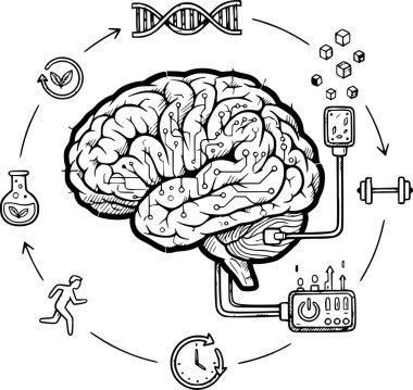 DNA ve zindelik simgeleri de dahil olmak üzere teknoloji döngüsüne bağlı bir beynin kavramsal biyohack çizimi, elle çizilmiş siyah dolgulu vektör, beyaz dolgu ya da arka plan yok