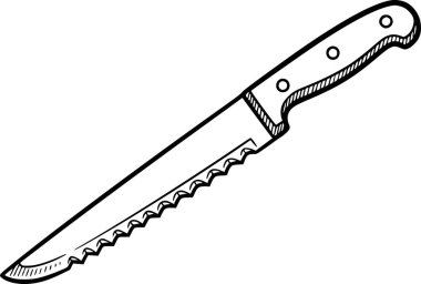 Vuruşları taklit etmek için siyah dolgu kullanarak dişli ekmek bıçağı çizimi ve mutfak simgeleri için beyaz dolgu yok