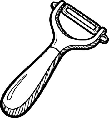 ergonomik mutfak soyma aracı, elle çizilmiş siyah dolgu, beyaz dolgu yok, restoran ve sağlıklı gıda grafikleri için harika