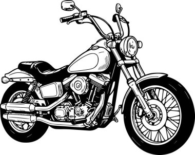 Siyah dolguları ve el çizimleri olan çok detaylı motosiklet çizimleri. Beyaz arka plan içermiyor.