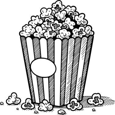 El çizimi patlamış mısır kovası çizimi. Sinema temaları için siyah dolgulu ve simgeler ve simgeler için mükemmel beyaz dolgular yok.