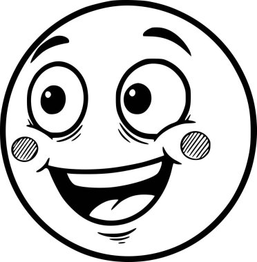 Büyük gözlü mutlu ve komik emoji ve geniş gülümsemeli siyah dolgulu çizim ve kolay düzenleme için beyaz arka plan dolguları yok