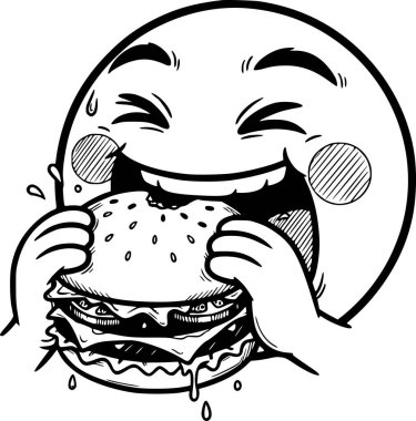 Lezzetli bir burger yiyen bir emojinin siyah el çizimi. beyaz dolgu içermiyor, sadece siyah çizgiler ve kolay arkaplan entegrasyonu için dolgular