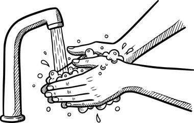 Su musluğunun altında sabunla yıkanan el çizimi siyah mürekkep eskiz stili çok yönlü tasarım için beyaz dolgular olmadan.