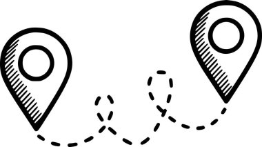 Noktalı bir yol ile birbirine bağlı iki lokasyon iğnesi içeren el çizimi GPS sembolü. Bu vektör beyaz dolgu içermiyor ve tüm elementler için siyah dolgu kullanıyor