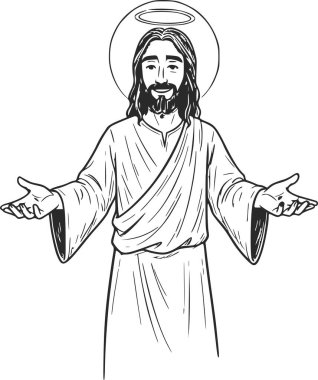 El çizimi İsa Mesih çizimi açık kollar ve halo sembolü siyah dolgu şeklinde kolay kaplama için beyaz dolgu yok