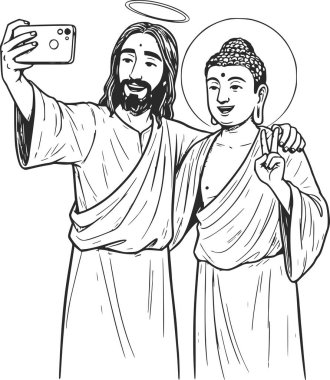 İsa ve Buda 'nın resimlerini çizdim. Akıllı telefonlu, siyah çizgili bir selfie çekiyorlar. Kolay entegrasyon için beyaz dolgu malzemesi yok.