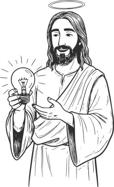 İsa 'nın elinde, ilahi ilhamı simgeleyen bir ampul tutarken çizdiği el resmi ve beyaz olmayan fikirler sadece siyah çizgileri doldurur.