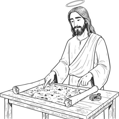 İsa 'nın ahşap bir masanın üzerinde pusula olan bir haritaya baktığı el çizimi, beyaz dolgu olmadan basit düzenleme için sanatsal siyah dolgu