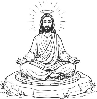 Kara Dolgu İsa 'nın Lotus' ta bir taş üzerinde meditasyon yaparken çekilmiş resmi. Halo ile poz verdirilmiş. Beyaz doldurulmamış yüksek kaliteli bir çizim.