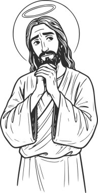 İsa 'nın düşünceli bir ifadesi ve halesi olan siyah çizgili resmi. Resim beyaz dolguya sahip değil ve gölgeleme ve derinlik için siyah dolguları kullanıyor