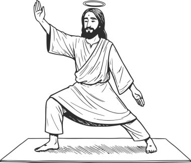 İsa 'nın el çizimi. Yoga savaşçısı pozu. Beyaz olmayan bir minder üzerinde.