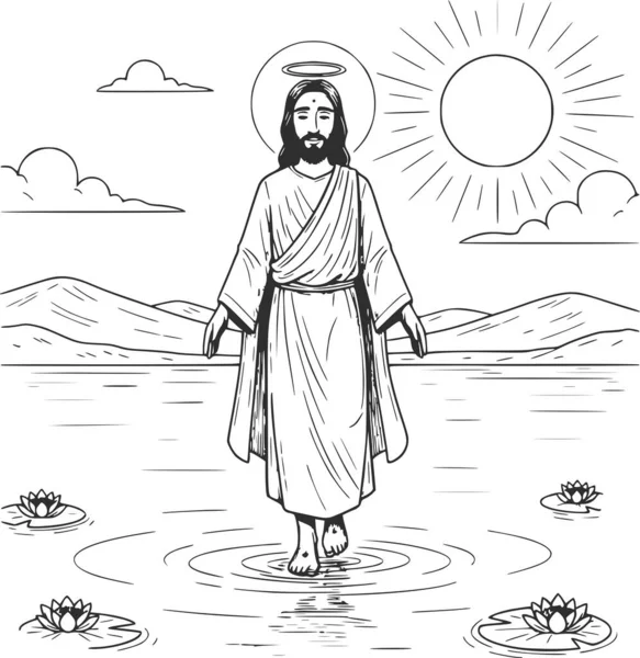 İsa 'nın el çizimi, su üzerinde yürüyen güneş ve nilüfer çiçekleri ile birlikte mucizevi bir şekilde yürüdüğünü gösteriyor.