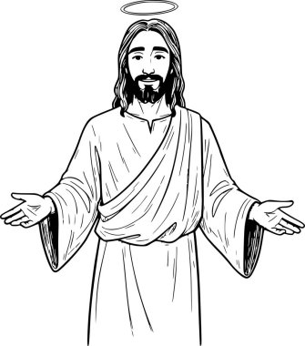 Siyah çizgili sanat tasviri İsa 'nın kollarını açarak kutsanmış bir jest, el çizimi tarzı, bembeyaz dolgu olmadan, kolay kaplama için