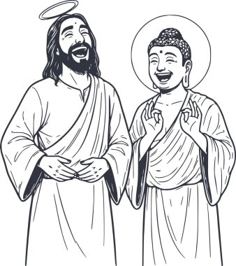 İsa ve Buda neşeli bir ruhani sahnede birlikte gülüyorlar. Siyah noktalarla çizilmiş bir resim ve kolay düzenleme için beyaz arkaplan yok.